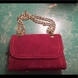 Burgundy Suede Clutch With Chain Strap